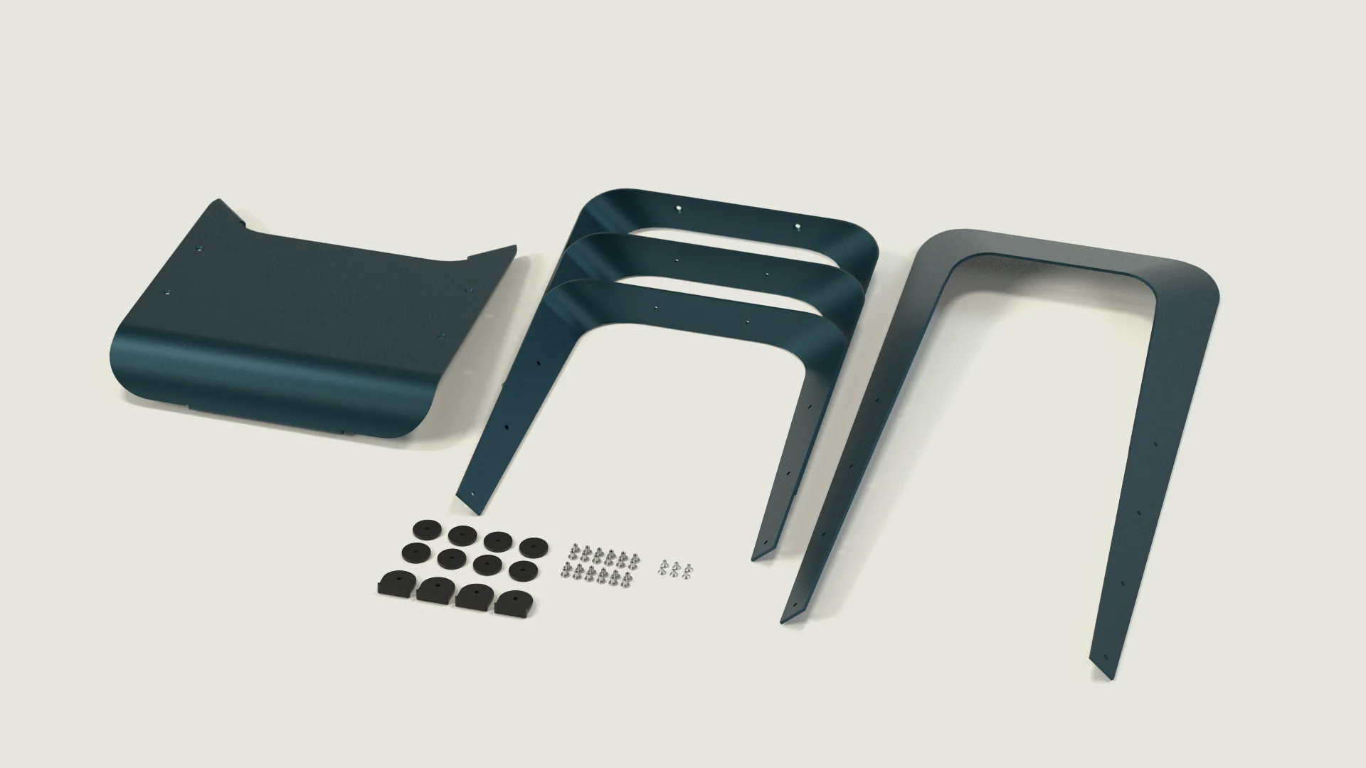 Exploded view of the ALU Chair: seat panel, backrest, leg frames, screws and caps.