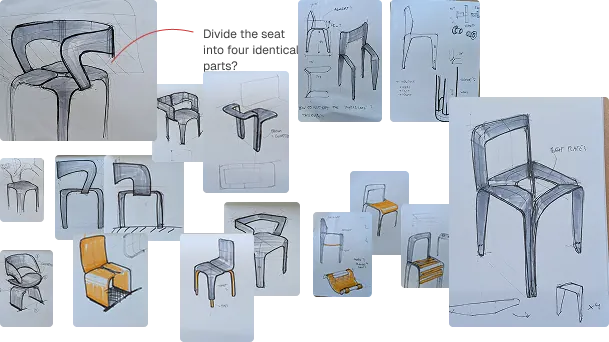 A sheet of chair sketches, several with the seat divided into four identical parts.