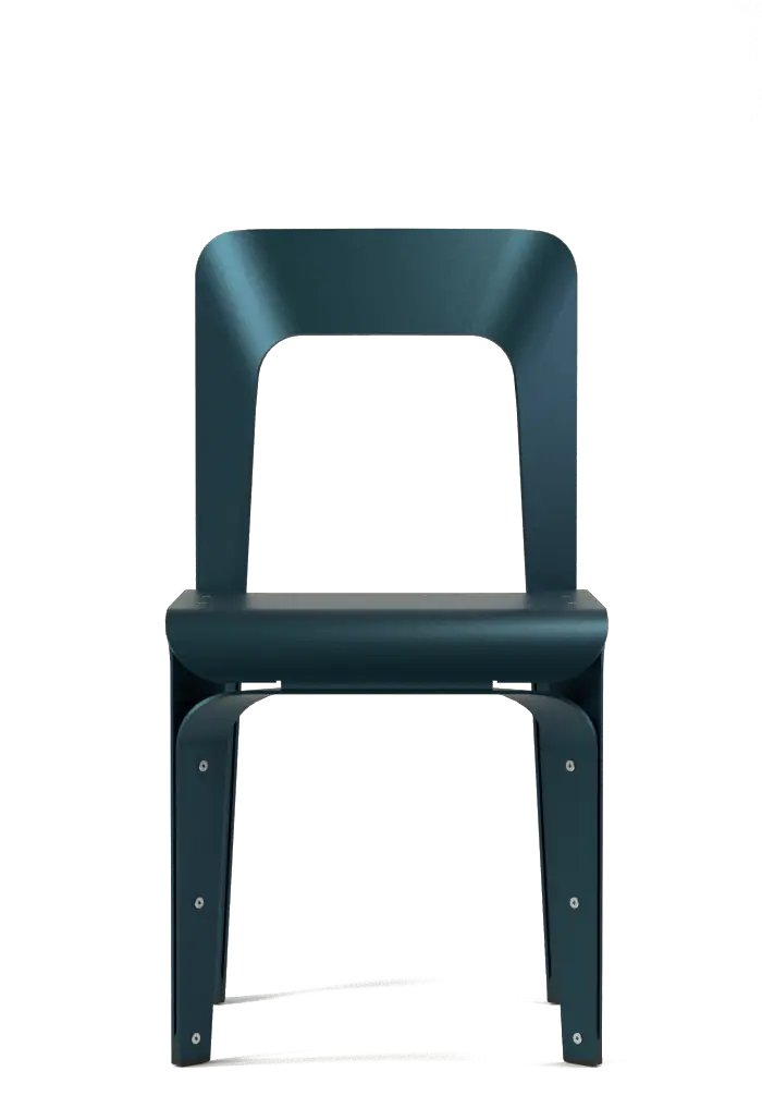 The ALU Chair turning from front-on to three-quarter as it separates into its five bent parts.