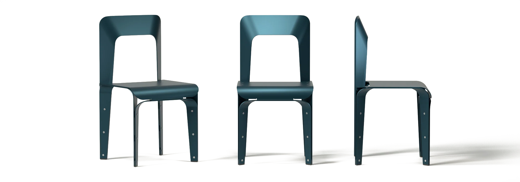 The ALU Chair in blue-green from three-quarter, front and side, rendered as intended.