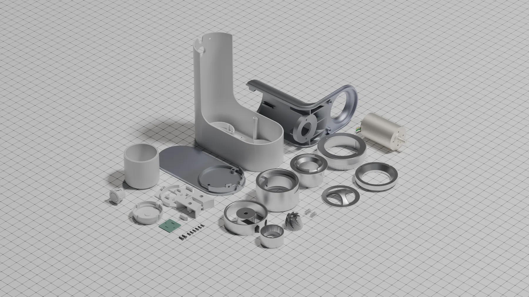 Every part of the grinder laid out flat: shell, housing, base, burr set, motor, fasteners and container.