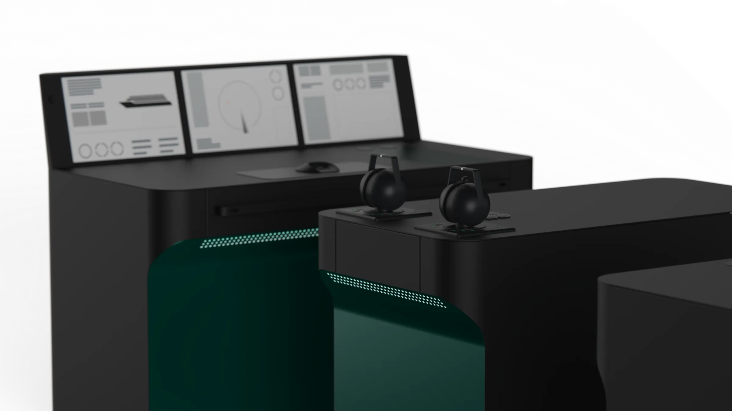 Close-up of the console top: instrument screens, controls and the teal front panel.