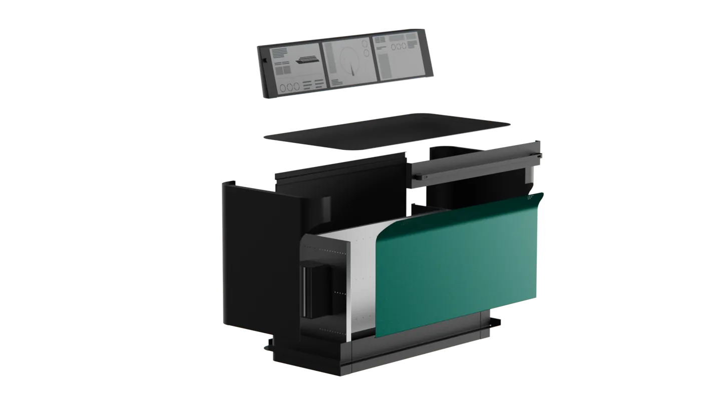Exploded view of the console showing how few major parts it breaks down into.