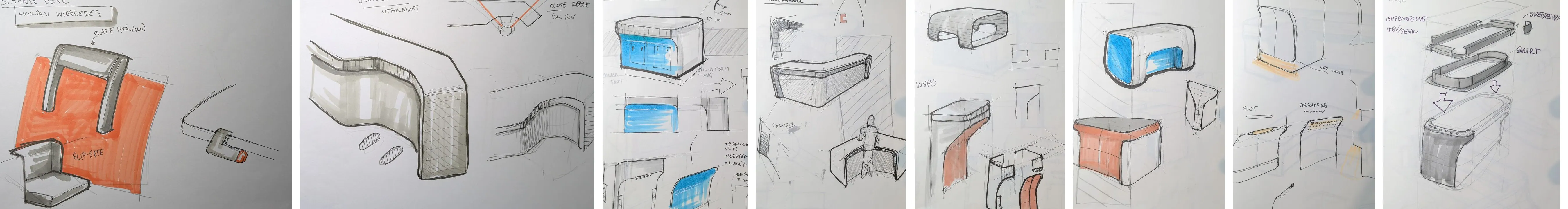 A run of sketchbook pages: console form studies, proportion tests and assembly ideas.